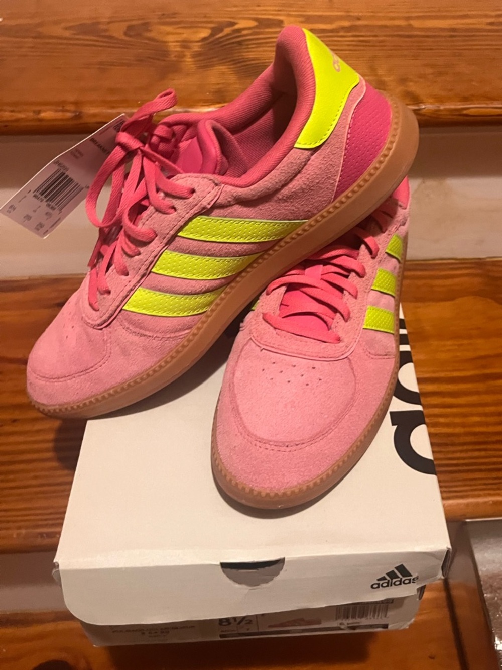Adidas Breaknet Sleek Pink Suede Sneakers with Neon Yellow Stripes